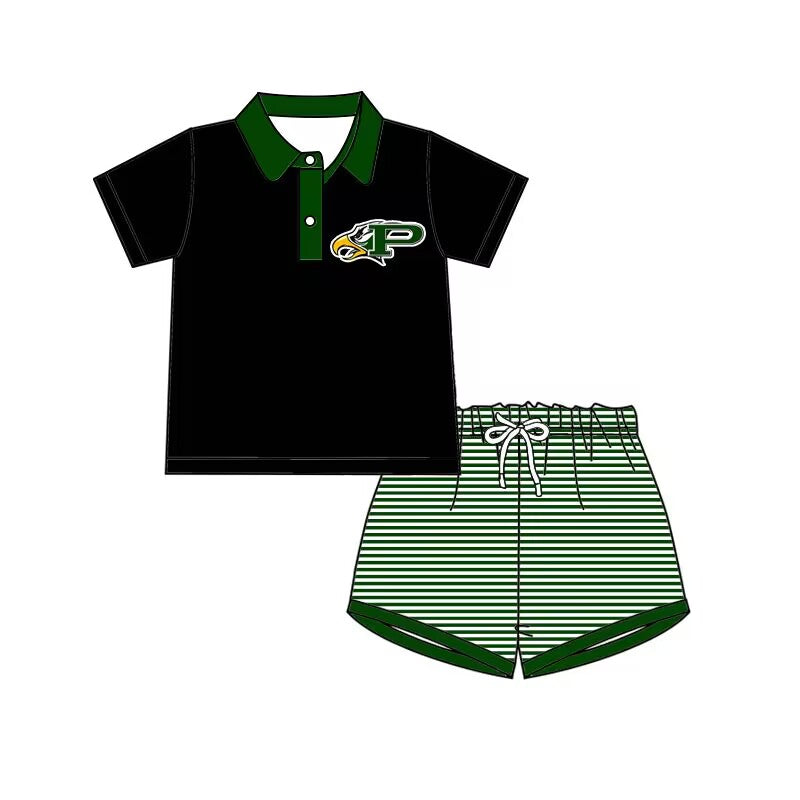 baby boy black short sleeve shirt green stripes shorts team set