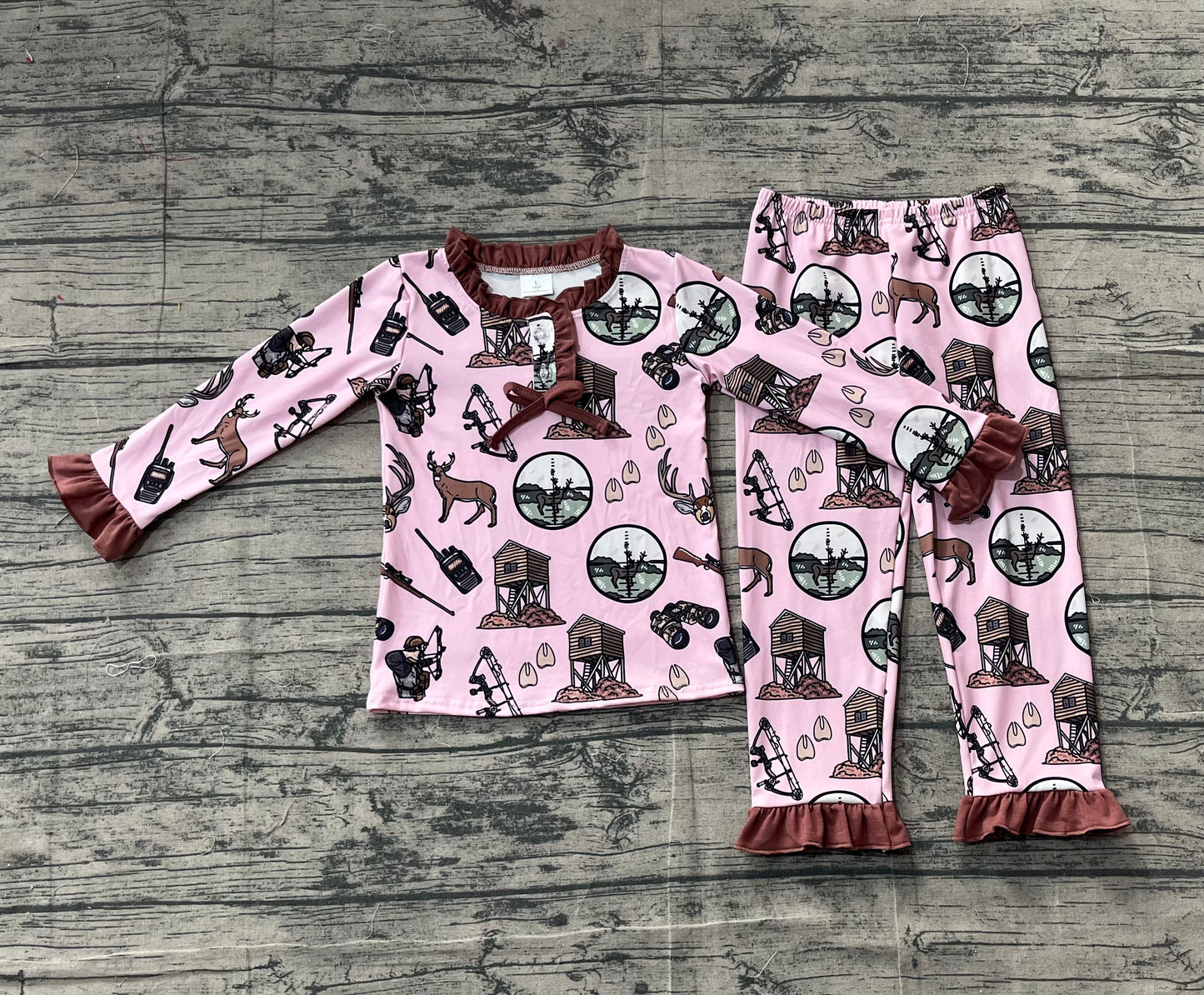 ( No moq ) Preorder Kids Girl Long Sleeves Deer Dogs Hunting Shirt Pants Pink Pajamas Set