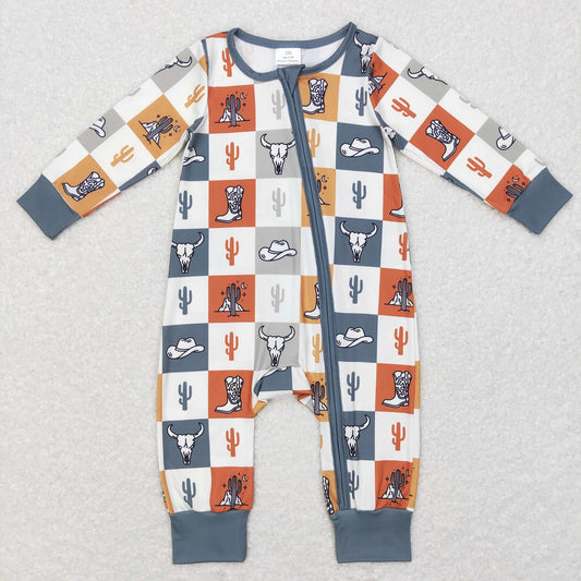 LR0803 Baby Boy Long Sleeves Western Cow Cactus Zip One Piece Romper