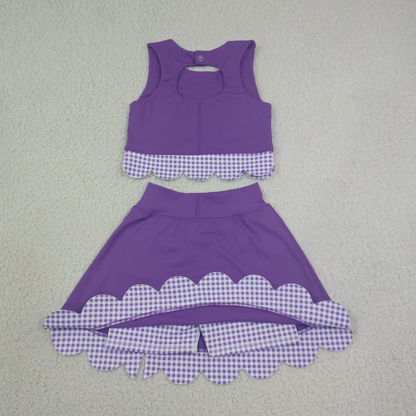 Baby Girls Kids Scallop Shirt Purple Plaid Bows Skirt Shorts Set Yoga Active Clothes RTS