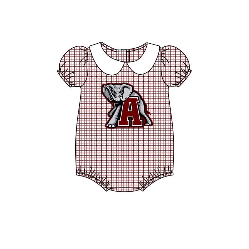 Baby Girl Team Elephant Short Sleeves Plaid Bubble Romper