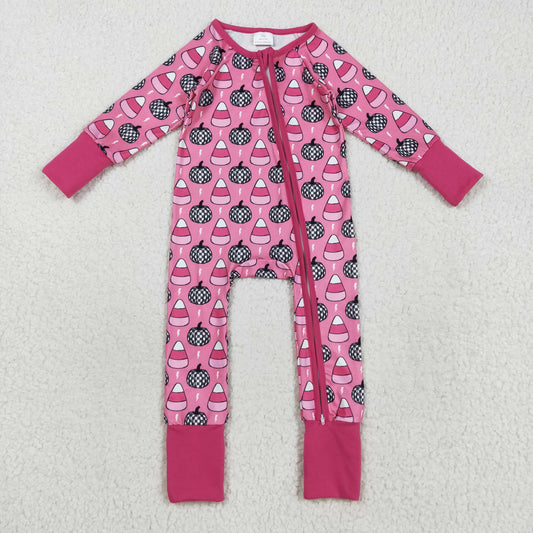Baby Girl Long Sleeves Pumpkins Candy Corn Zipper Halloween Pink Romper RTS