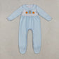 Baby Boy Long Sleeves Embroidery turkey Pumpkins Blue Plaid Thanksgiving Footies Romper RTS