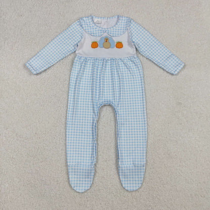 Sibling Boys Girls Infant Long Sleeves Embroidery turkey Pumpkins Thanksgiving Footies Romper RTS