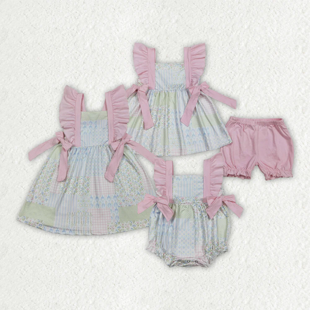 Sibling Baby Girls Kids Short Sleeves Floral Pink Bows Summer Bubble Romper Dress RTS