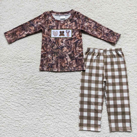 BLP0266 Baby Boy Long Sleeves Camo Duck Hunting Plaid Pants Pajamas Embroidery Outfit