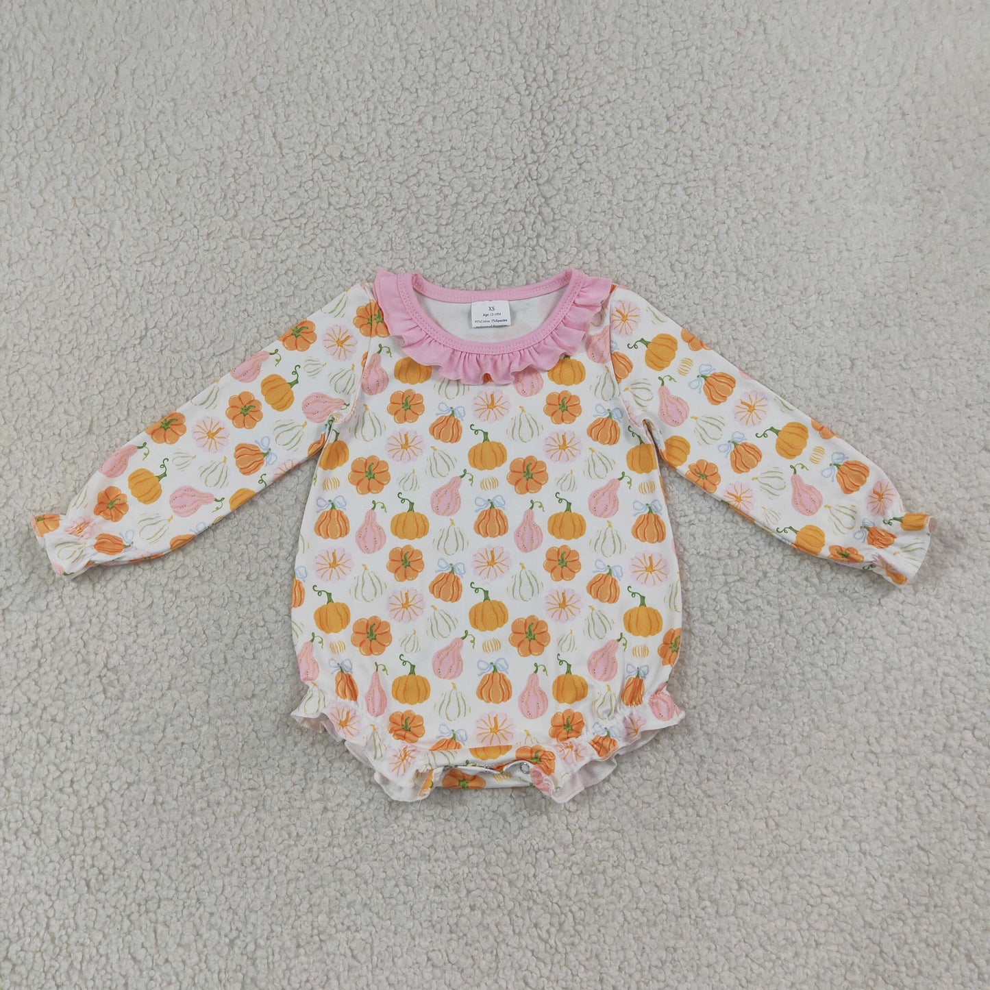 Baby Girls Infant Long Sleeve Pumpkins Bows Ruffle Bubble Romper RTS