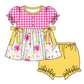 Baby Girl Short Sleeves Flower Pink Plaid Sibling Romper Dress Clothes Set ( Moq 5 Each Design )11.19
