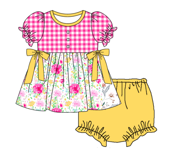 Baby Girl Short Sleeves Flower Pink Plaid Sibling Romper Dress Clothes Set ( Moq 5 Each Design )11.19