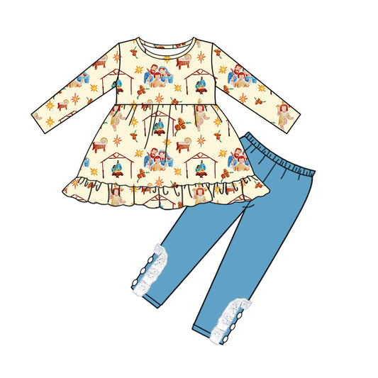 Baby Girl Long Sleeves Christmas Nativity Tops Blue Pants Set