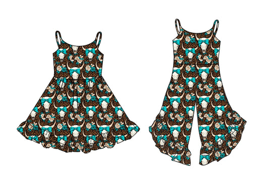 Baby Girl Straps Western Cow Bows Leopard Sibling Jumpsuit Dress ( Moq 5 Each Style ) 2.27