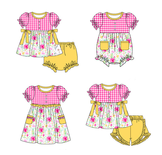 Baby Girl Short Sleeves Flower Pink Plaid Sibling Romper Dress Clothes Set ( Moq 5 Each Design )11.19