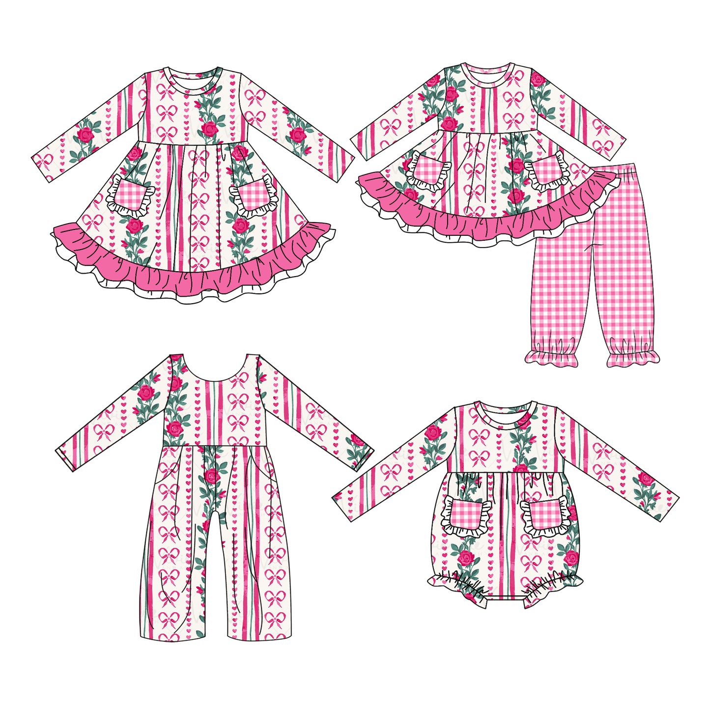 Baby Girl Flower Bows Pocket Sibling Matching Romper Jumpsuit Dress Clothes Set Moq 5 Each Design