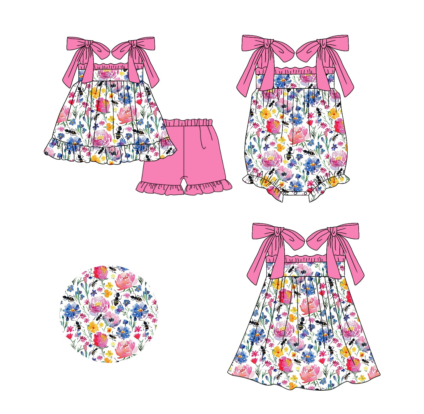 Baby Girl Flower Pink Sibling Romper Dress Clothes Set ( Moq 5 Each Design )