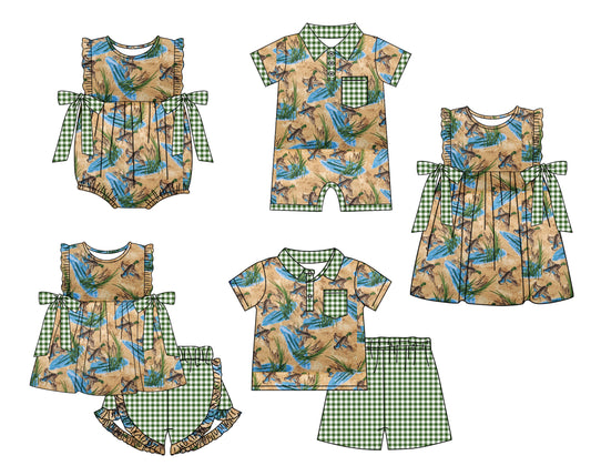 Baby Boy Girl Ducks Bows Sibling Matching Green Dress Romper Clothes Set ( Moq 5 Each style )