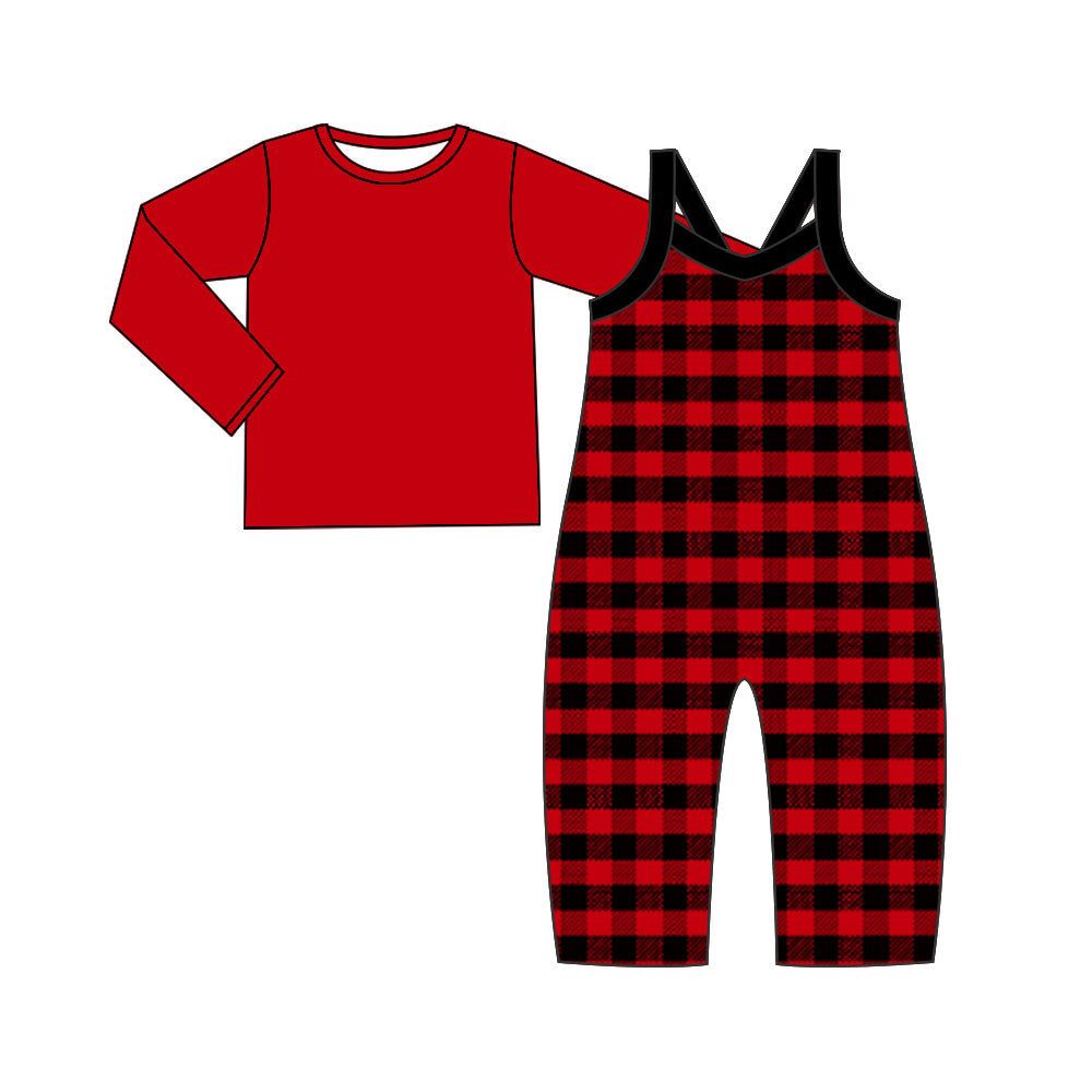 Baby Girl Toddler Long Sleeves Red Shirt Checkered Jumpsuit Set