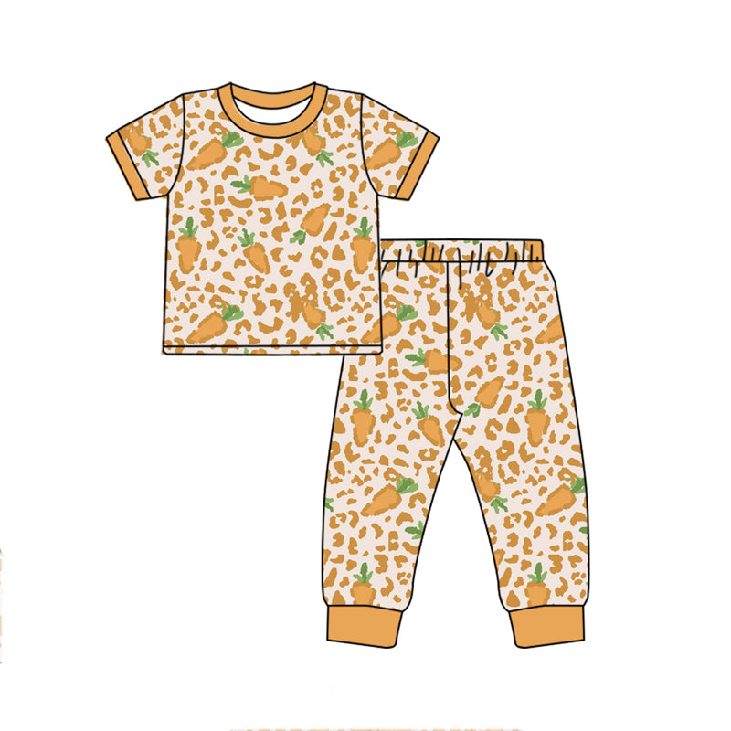 Baby Girl Short Sleeves Easter Carrot Leopard Shirt Pants Pajamas Set Moq 5