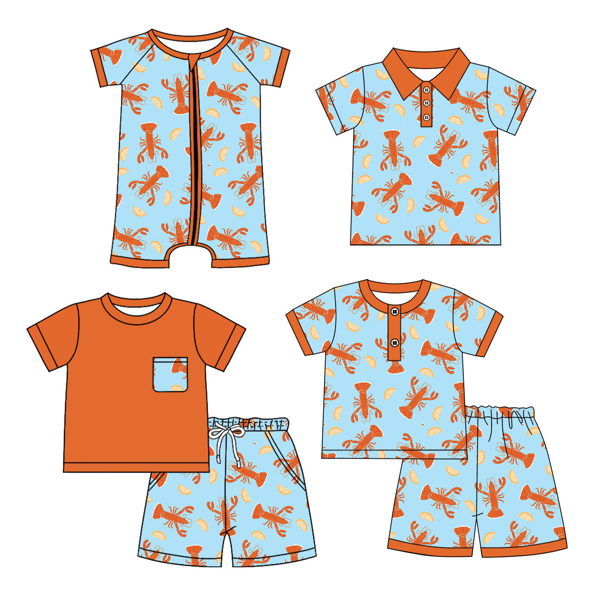 Baby Boy Short Sleeves Crawfish Sibling Romper Set ( Moq 5 Each Style ) 1.8