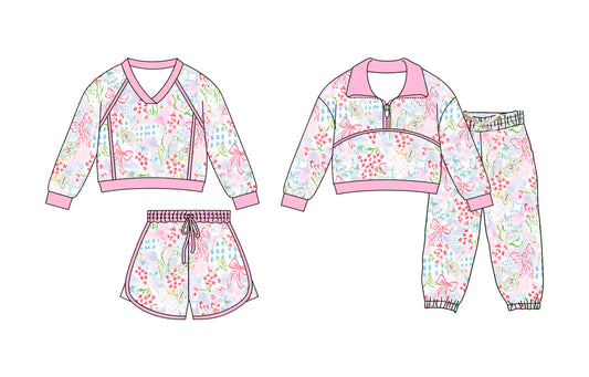 ( Moq 5 Each Style ) Baby Girls Kids Long Sleeves Floral Bows Tops Short Pants Sibling Sets