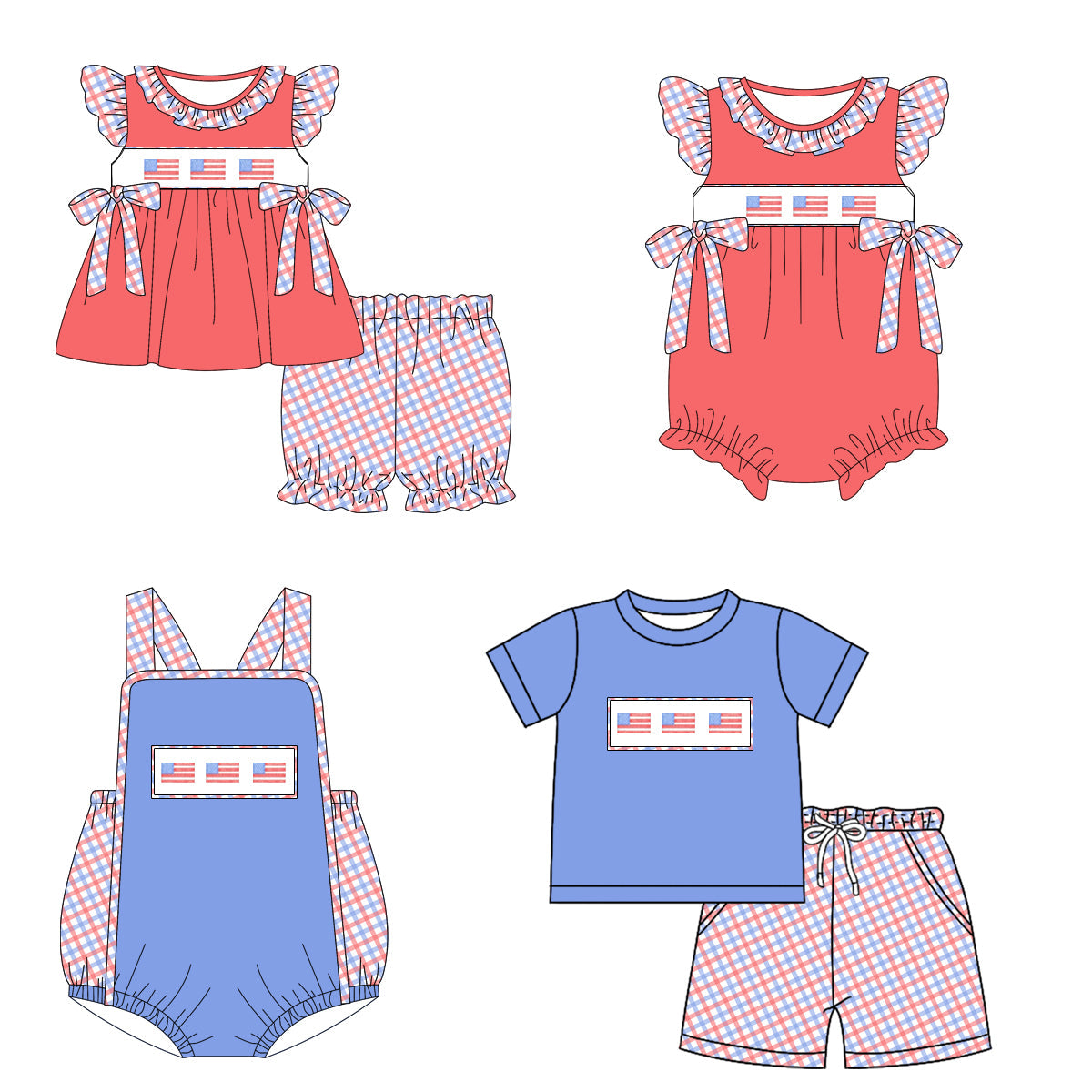 Baby Boy Girl July 4th Flags Sibling Romper Set ( Moq 5 Each Style ) 12.27
