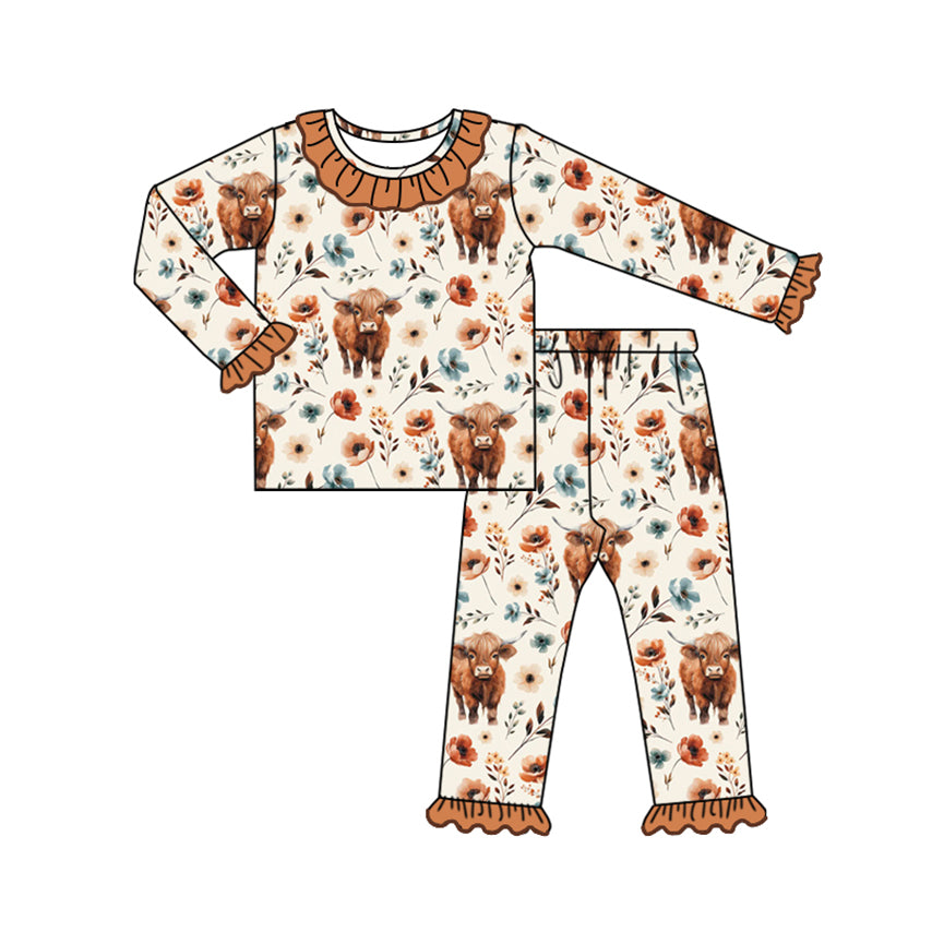 Baby Girl Long Sleeves Highland Cow Flower Shirt Pants Pajamas Western Set