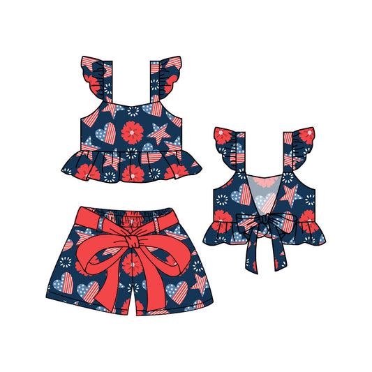 Baby Girl Short Sleeves July 4th Flower Hearts Tops Shorts Set ( Moq 5 ) 1.17