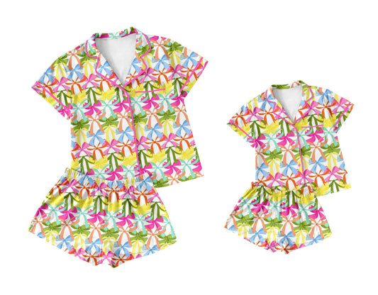 Baby Girl Adult Women Short Sleeves Colorful Bows Sibling Pajamas Set ( Moq 5 Each Style ) 3.12