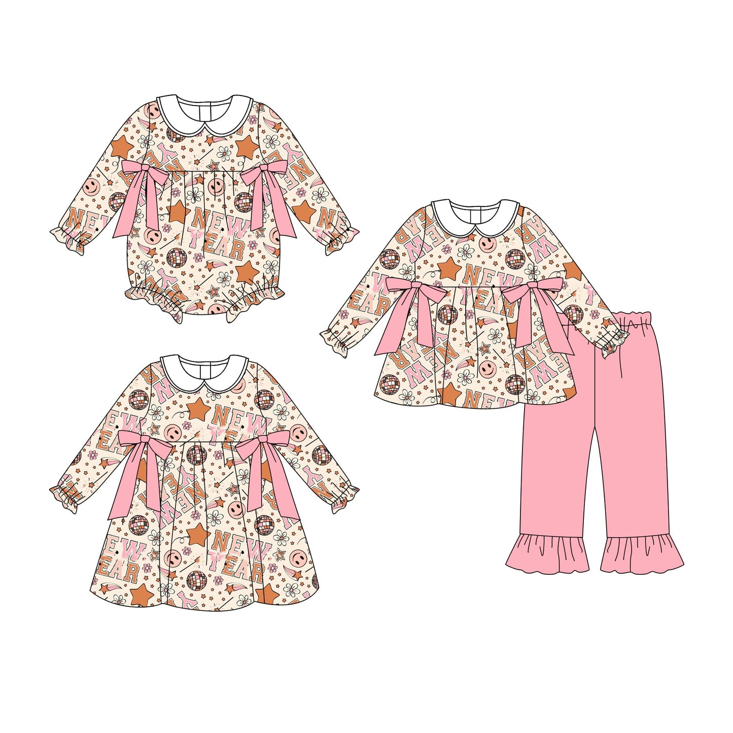( Moq 5 Each Style ) Baby Girl Toddler New Year Smile Bows Sibling Romper Dress Set