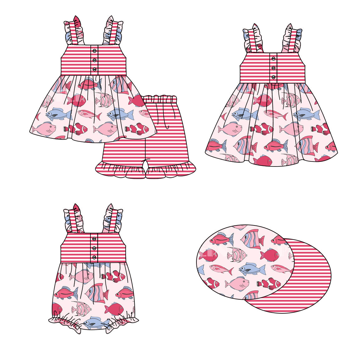 Baby Girl Fish Stripes Sibling Romper Dress Set ( Moq 5 Each Style ) 1.16