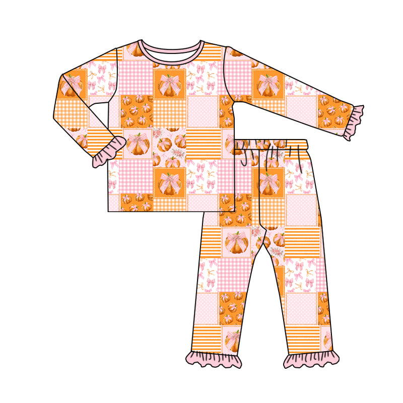 Baby Girl Long Sleeves Pumpkin Bows Shirt Pants Pajamas Set