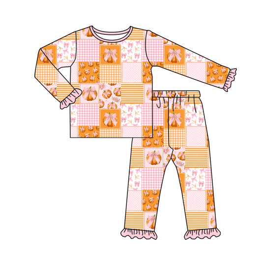 Baby Girl Long Sleeves Pumpkin Bows Shirt Pants Pajamas Set