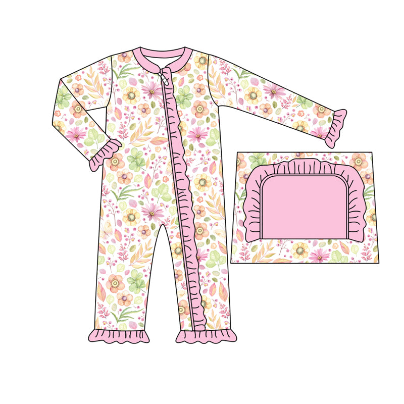 Baby Girl Long Sleeves Flower Pink Ruffle Zipper Romper