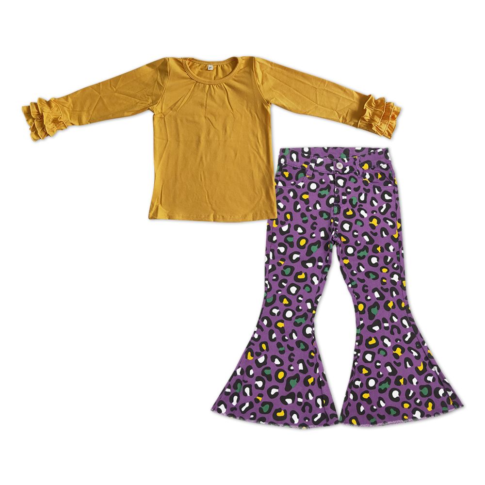 GLP1138 Baby Girl Orange Cotton Shirt Leopard Denim Pants Mardi Gras Set