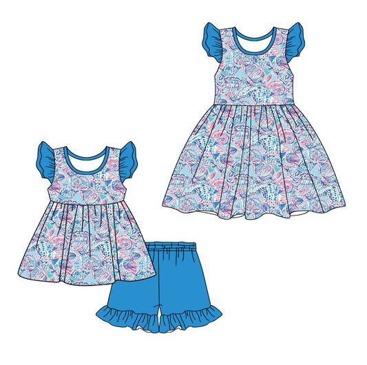 Baby Girl Short Sleeves Flower Blue Sibling Dress Set ( Moq 5 Each Design ) 12.11