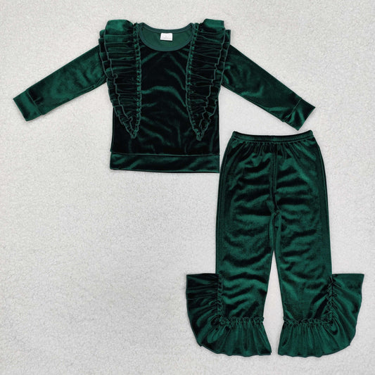 Baby Girl Long Sleeves Green Shirt Velvet Ruffle Pants Clothes Set