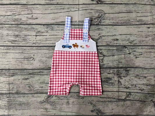 No Moq Pre-order SR0632 Baby Boy Chekered Farm Red One Piece Romper