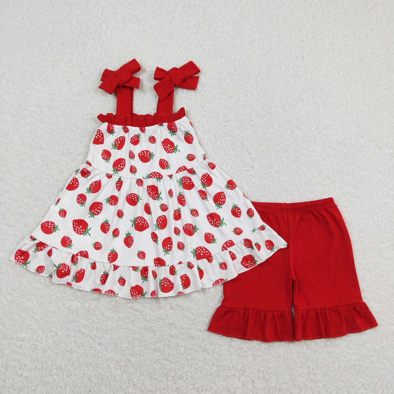 Baby Girl Sleeveless Strawberry Tunic Red Cotton Shorts Set