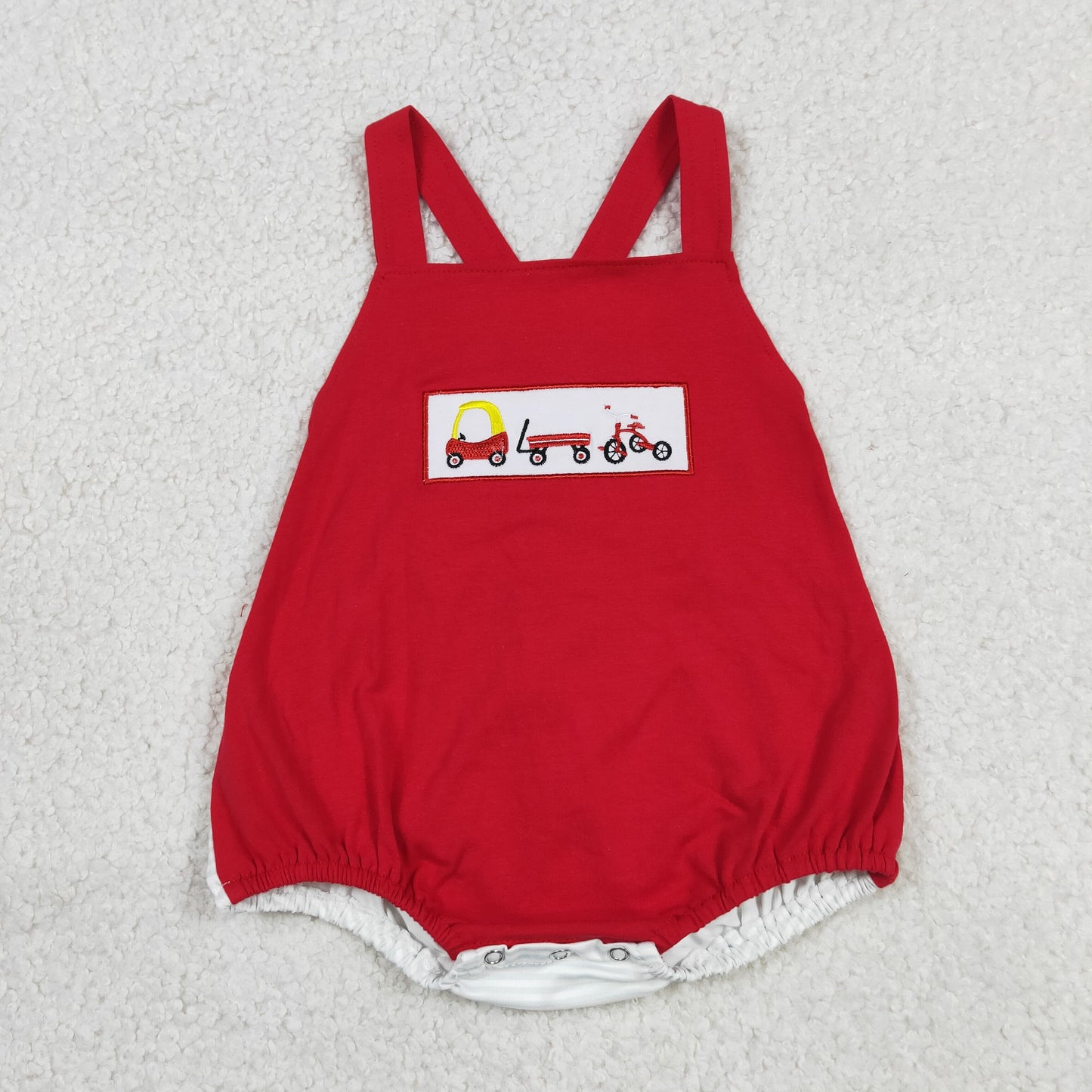 Baby Boy Infant Sleeveless Embroidery Car Red Bubble Romper RTS