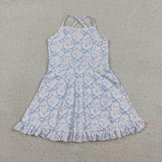 Baby Girls Kids Sleeveless Blue Bows Flower Shorts Knee Length Ruffle Dress RTS