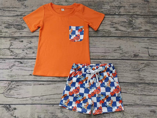 Moq 5 Baby Boy Short Sleeves Orange Shirt Dogs Checkered Pocket Shorts Set