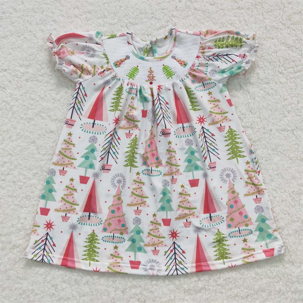 Sibling Girls Kids Short Sleeves Smocked Embroidery Trees Christmas Romper Dress RTS