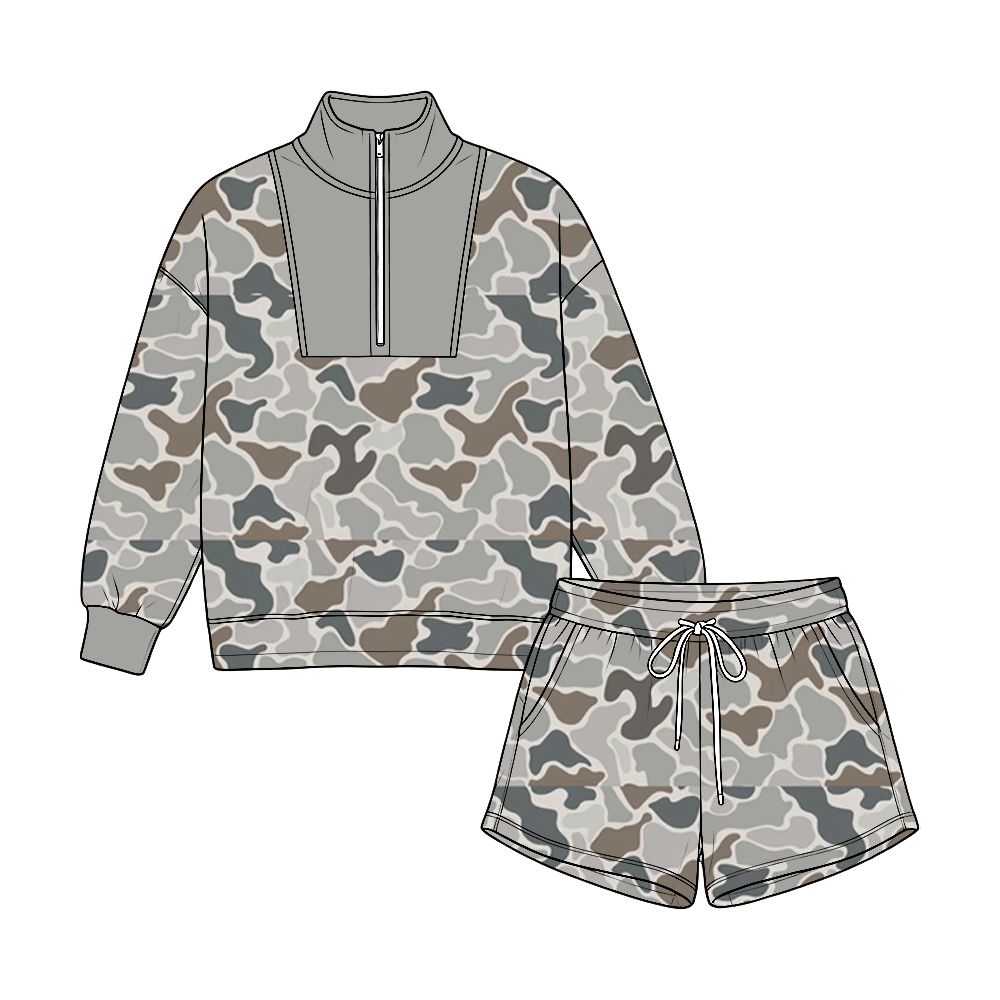( Moq 5 ) Preorder Baby Boys Kids Grey Camo Long Sleeves Zipper Pullover Pockets Shorts Set Clothes