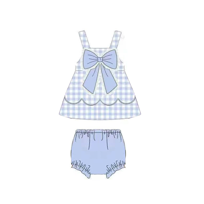 ( Moq 5 ) Preorder Baby Girls Kids Sleeveless Blue Plaid Bow Tops Bummie Set Summer Clothes