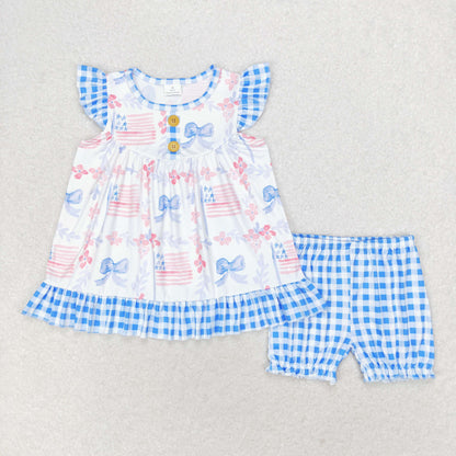 Baby Boy Girl July 4th Sibling Bows Romper Set