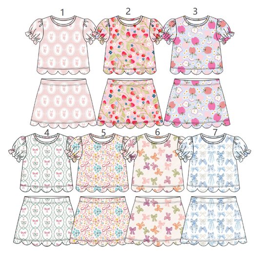 ( Moq 30 Each Style ) Sibling Baby Girls Kids Short Sleeves Bows Tops Scallop Shorts Sets Summer Clothes