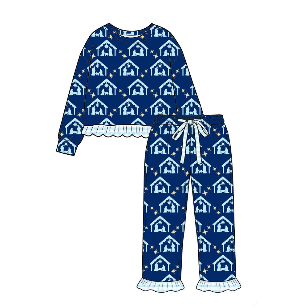 ( Moq 5 ) Preorder Baby Girls Kids Nativity Blue Ruffle Shirt Pants Set Christmas Pajamas Clothes