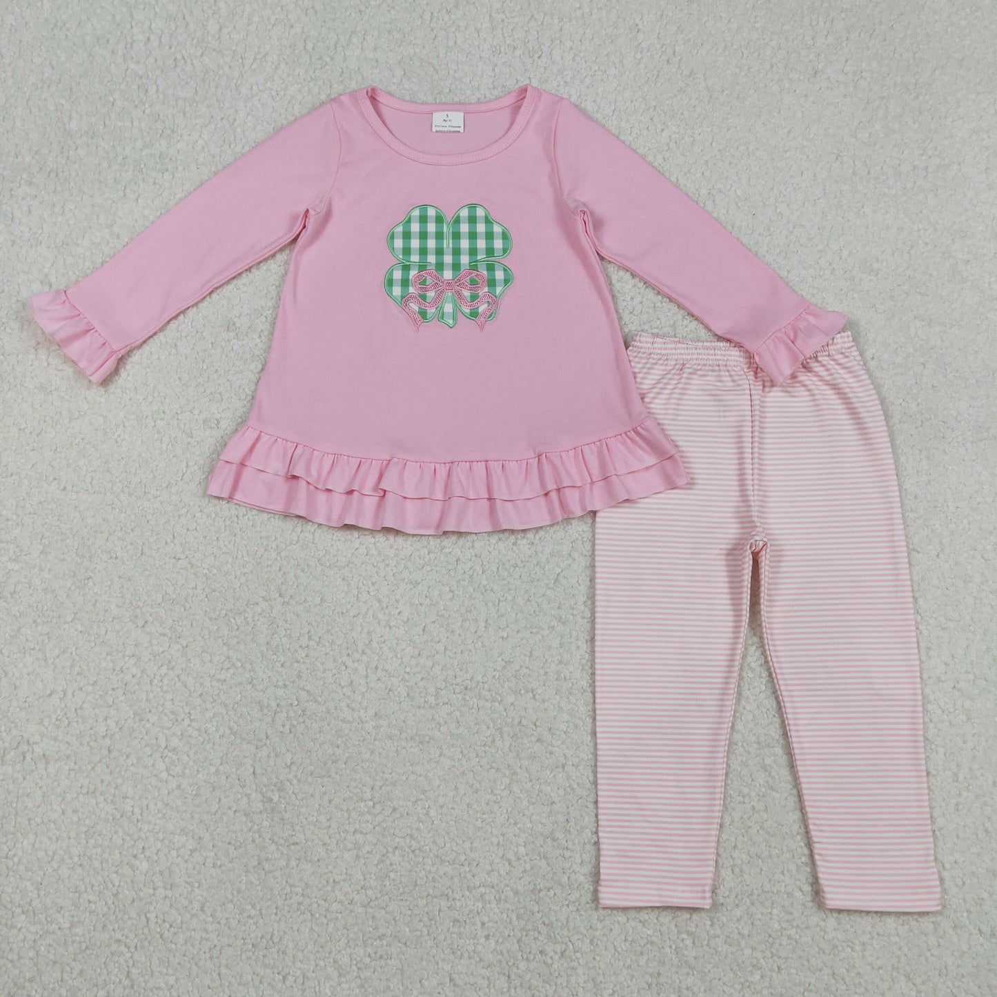 Baby Girl Long Sleeves St Patrick Embroidery Clover Bow Tunic Stripes Legging Clothes Pink Set RTS