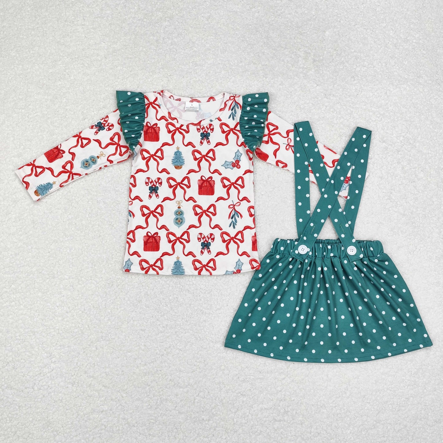 Baby Girl Long Sleeves Christmas Bows Gifts Tunic Suspender Skirt Set