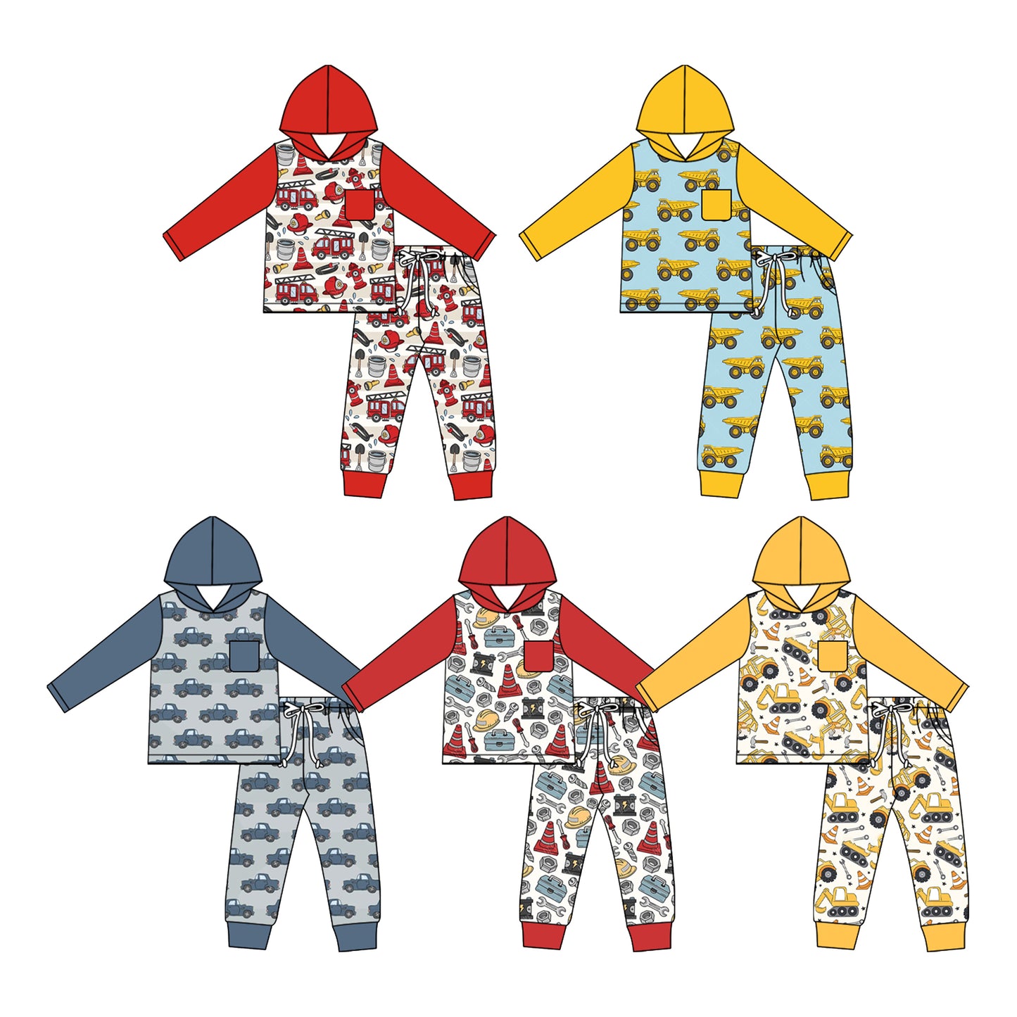 ( Moq 5 Each Style ) Sibling Baby Boys Kids Long Sleeves Trucks Hoodie Shirts Pants Sets Clothes