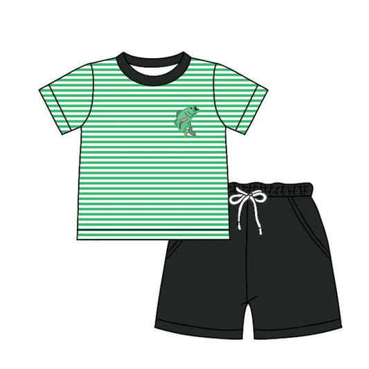 Baby Boy Short Sleeves Green Stripes Fish Shirt Pockets Shorts Clothes Set Moq 5